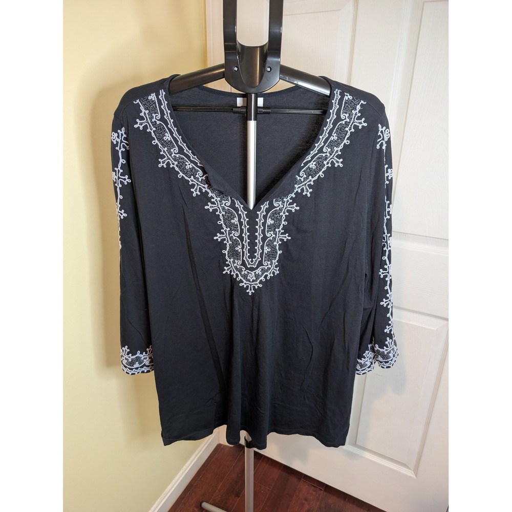 J. Jill Tunic Top Womens 2X Black Embroidered Split Neck 3/4 Sleeve Cotton Blend